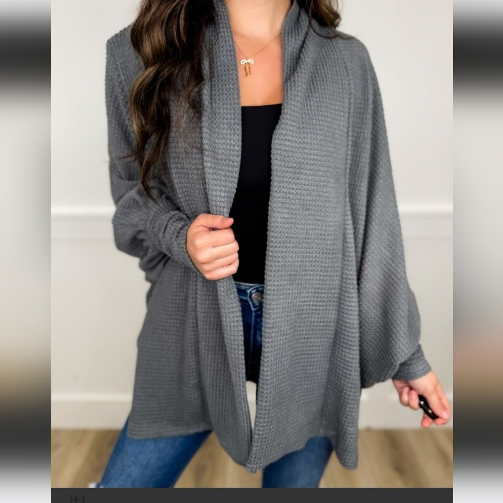 Dear Scarlett Charcoal Gray Waffle Knit Open Cardigan Top